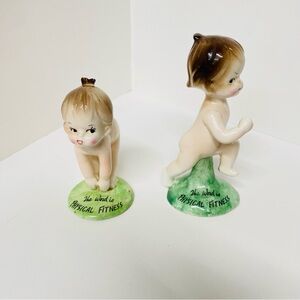 Vintage Physical Fitness Little People Set of 2 Ceramic Figurines Exercising